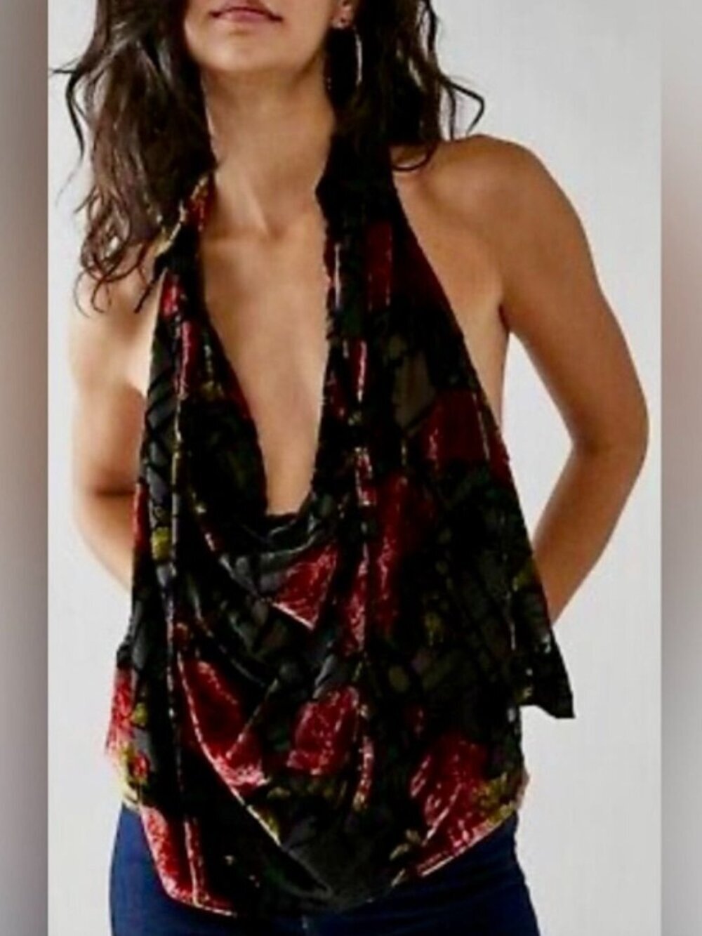 Free People Meet Your Match Velvet Mesh Top Medium Black Red Floral Halter Boho